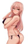  1girl arm_under_breasts ass bare_arms bare_shoulders bikini black_bikini blush breasts cleavage closed_mouth commentary_request hair_between_eyes halterneck hand_in_own_hair highres idolmaster idolmaster_cinderella_girls jougasaki_mika large_breasts long_hair looking_back pink_hair side-tie_bikini_bottom simple_background solo sweat swimsuit thighs tomajiyama twisted_torso white_background yellow_eyes 