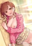  1girl bangs breasts brown_eyes brown_hair cardigan clothes_lift clothes_pull cum cum_in_pussy curtains highres idolmaster idolmaster_cinderella_girls igarashi_kyoko jewelry large_breasts long_hair long_sleeves looking_at_viewer lying mk_(mod0) necklace nipples no_panties on_side open_cardigan open_clothes open_mouth pink_cardigan print_skirt shirt shirt_pull skirt skirt_lift smile solo white_shirt yellow_skirt 