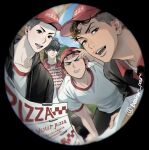  4boys baseball_cap beaker_pour bishounen black_eyes black_hair black_jacket black_pants brown_eyes brown_hair buzz_cut dark_skin dark_skinned_male delivery earrings english_text fisheye food hat hat_tip highres holding holding_food jacket jewelry looking_at_viewer male_focus miyagi_ryouta multiple_boys open_clothes open_jacket open_mouth outdoors pants pizza pizza_box pizza_delivery red_hair red_headwear red_jacket rukawa_kaede sakuragi_hanamichi sawakita_eiji shirt short_hair slam_dunk_(series) sleep_bubble sleeping smile stud_earrings undercut upper_body very_short_hair wavy_hair white_shirt 