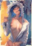  1girl artist_name blue_hair breasts collarbone english_text framed fur-trimmed_hoodie fur-trimmed_sleeves fur_trim genshin_impact green_eyes heart heart-shaped_pupils highres hood hood_up long_sleeves looking_at_viewer medium_breasts navel nipples open_mouth signature smile solo sweatdrop symbol-shaped_pupils teeth upper_teeth_only washuu yelan_(genshin_impact) 