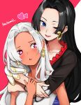  2girls ;d artist_name black_hair blue_eyes blush boa_hancock clone collarbone dark-skinned_female dark_skin dress earrings forehead grey_hair heart highres hug hug_from_behind jewelry kasumi_6 looking_at_another looking_at_viewer multiple_girls one_eye_closed one_piece pink_eyes s-snake seraphim_(one_piece) sleeveless sleeveless_dress smile snake_earrings star-shaped_pupils star_(symbol) symbol-shaped_pupils two-tone_background upper_body white_dress 