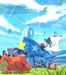  absurdres bandana bandana_waddle_dee blue_sky blush_stickers closed_eyes cloud disembodied_limb grass highres king_dedede kirby kirby&#039;s_return_to_dream_land kirby_(series) landia leo_taranza light_rays lor_starcutter lying magolor mask meta_knight no_humans polearm rainbow sky smile spear star_(symbol) twitter_username weapon 