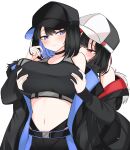  2girls absurdres baseball_cap black_hair black_survival blue_eyes blush breasts collarbone crop_top debi_(black_survival) eternal_return:_black_survival geah grabbing grabbing_another&#039;s_breast groping hat highres large_breasts looking_at_another marlene_(black_survival) medium_hair midriff multiple_girls navel red_eyes siblings simple_background sisters sweatdrop twins white_background 