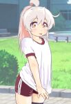  1girl ahoge bench bright_pupils closed_mouth clothes_pull colored_inner_hair day double_vertical_stripe grass grey_hair gym_shirt gym_shorts hair_between_eyes highres long_hair mizumori_keiichi multicolored_eyes multicolored_hair onii-chan_wa_oshimai! orange_eyes outdoors oyama_mahiro pink_hair pink_pupils pulled_by_self red_eyes red_shorts shirt shirt_pull short_sleeves shorts smile solo standing tongue tongue_out two-tone_hair white_shirt yellow_eyes 