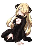  1girl arm_support basasa black_coat black_pants blonde_hair breasts cleavage closed_mouth coat commentary cynthia_(pokemon) eyelashes full_body fur-trimmed_coat fur_collar fur_trim grey_eyes hair_ornament hair_over_one_eye highres leaning_to_the_side long_hair long_sleeves looking_at_viewer pants pokemon pokemon_(game) pokemon_dppt simple_background sitting solo very_long_hair white_background 