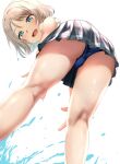  1girl ass blue_eyes brown_hair from_below highres looking_at_viewer love_live! love_live!_sunshine!! ponnu_(nikeytina) short_hair skirt sleeves_rolled_up smile solo splashing swimsuit thighs watanabe_you water 