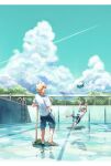  2boys alternate_costume alternate_eye_color aqua_sky arms_up bakugou_katsuki barefoot black_eyes blank_eyes blonde_hair blue_pants boku_no_hero_academia bucket bucket_of_water casual catching chain-link_fence cleaning clothes_lift cloud contrail cumulonimbus_cloud day dokka_p empty_pool falling fence freckles from_behind green_hair hand_in_pocket hand_rest hand_up highres leaning_back leg_up letterboxed looking_up male_focus midoriya_izuku mop multiple_boys open_hands open_mouth outdoors outstretched_hand panicking pants pants_rolled_up pocket pool pool_ladder profile reaching reflection reflective_water shadow shirt shirt_lift short_hair short_sleeves single_vertical_stripe slouching spiked_hair splashing standing surprised t-shirt toes_up tree wet_floor white_shirt wide-eyed wide_shot 