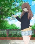  1girl blue_jacket blue_skirt blue_sky bridge brown_eyes brown_hair closed_mouth cloud cloudy_sky copyright_name cowboy_shot jacket kinon_0719 koe_no_katachi long_hair long_sleeves looking_at_viewer nishimiya_shouko outdoors plaid plaid_skirt school_uniform simple_background skirt sky smile solo sweater tree v white_background yellow_sweater 