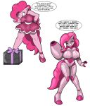  2023 anthro arm_cannon before_and_after big_breasts blue_eyes breasts chaoscroc clothing cutie_mark dialogue dress english_text equid equine eyes_closed female friendship_is_magic gift glistening glistening_body hair hasbro hi_res horse long_hair machine mammal my_little_pony pink_body pink_clothing pink_dress pink_hair pink_high_heels pinkie_pie_(mlp) pony robot robotization smile solo species_transformation speech_bubble standing text transformation 