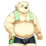  absurd_res anthro bear belly biceps bottomwear bulge cigarette clothing eyebrows eyewear fur glasses hi_res leib_(tas) lifewonders male mammal musclegut overweight pecs polar_bear ruoain shorts smoking solo swimwear thick_eyebrows tokyo_afterschool_summoners towel ursine white_body white_fur 