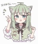  1girl :d ahoge animal_ears black_bow black_bowtie black_sailor_collar blush bow bowtie capelet cat_ears cat_girl cat_hair_ornament center_frills colon_br cropped_torso fang frilled_capelet frills green_eyes green_hair grey_capelet hair_between_eyes hair_ornament hairclip hand_up long_hair long_sleeves looking_at_viewer notice_lines open_mouth original sailor_collar shirt sidelocks simple_background skin_fang smile straight-on straight_hair upper_body v variant_set white_background white_shirt 