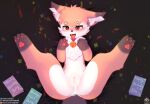  absurd_res anthro bell bell_collar blush bodily_fluids canid canine collar cum cum_in_pussy cum_inside female feral fox genital_fluids genitals hi_res looking_at_viewer mammal nia_(senz) open_mouth pawpads pussy senz solo spread_legs spreading tongue tongue_out 