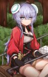  1girl blue_eyes counter:side grey_hair highres horizon_(counter:side) lead_pipe looking_at_viewer solo 