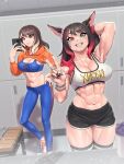  2girls abs animal_ears arm_behind_head arm_up black_hair black_nails blurry blurry_foreground breasts brown_hair cat_ears cellphone character_request cleavage collarbone commission copyright_request english_commentary eyelashes fangs fingernails grin hand_on_own_hip heart_sticker heterochromia highres holding holding_phone hood hoodie jewelry locker locker_room looking_at_phone looking_at_viewer lyoung0j medium_breasts multicolored_hair multiple_girls multiple_rings muscular muscular_female navel orange_eyes orange_hoodie pants phone pixiv_commission ring selfie shoes shorts smartphone smile sportswear stomach streaked_hair sweat v wrist_chain 