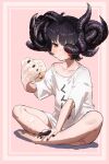  1girl absurdres ahoge barefoot black_hair black_nails blush chewing collarbone commentary_request cream demon_horns dripping ekrea_jan elden_ring flat_chest food food_on_body food_on_face food_on_legs fruit genderswap genderswap_(mtf) highres horns looking_at_viewer mohg_lord_of_blood shadow shirt short_hair simple_background single_bare_shoulder sitting solo strawberry translation_request white_shirt wide_sleeves yellow_eyes 