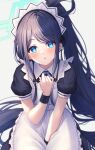  1girl absurdly_long_hair absurdres apron aris_(blue_archive) aris_(maid)_(blue_archive) between_legs black_hair blue_archive blue_eyes blue_ribbon blush bright_pupils commentary halo hand_between_legs hand_on_own_chest highres long_hair looking_at_viewer maid maid_apron maid_headdress neck_ribbon parted_bangs parted_lips ponytail primamiya puffy_short_sleeves puffy_sleeves ribbon ringed_eyes short_sleeves solo very_long_hair white_apron white_pupils wrist_cuffs 