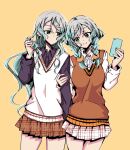  2girls aqua_hair bang_dream! braid brown_skirt brown_sweater_vest cellphone collared_shirt green_eyes hair_ornament hair_scrunchie hairclip hikawa_hina hikawa_sayo holding holding_another&#039;s_arm holding_phone long_hair looking_at_another medium_hair multiple_girls phone plaid plaid_skirt ryu_minbs scrunchie shirt siblings sisters skirt smartphone sweater_vest twin_braids twins very_long_hair wavy_hair white_shirt white_skirt white_sweater_vest yellow_background 