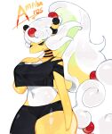  ampharos anthro big_breasts black_eyes breasts cleavage clothed clothing female generation_2_pokemon hair hi_res long_hair looking_at_viewer mouth_closed navel nintendo pokemon pokemon_(species) smile solo thick_thighs togetoge white_hair 