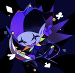  1boy black_footwear black_pants cape clover collar colored_skin deltarune diamond_(shape) hat heart inudogsaikou jester jester_cap jevil open_mouth pants pointy_ears purple_skin sickle spade_(shape) undertale 