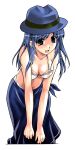  1girl :d bare_arms bare_shoulders bikini blue_eyes blue_hair blue_headwear blue_sarong breasts cleavage collarbone fedora hat kagehi_no_loo long_hair lorna mabinogi medium_breasts navel sarong smile solo swimsuit white_bikini 