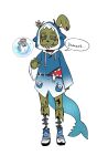  1boy animal_ears animal_hood blue_footwear cosplay english_text fins fish_tail five_nights_at_freddy&#039;s five_nights_at_freddy&#039;s_3 gawr_gura gawr_gura_(1st_costume) gawr_gura_(cosplay) highres himuhino hololive hololive_english hood jacket rabbit_ears shark_hood shark_tail springtrap tail virtual_youtuber wire 