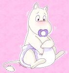  anthro beebeeburb blush clean_diaper clothed clothing diaper diaper_only digital_media_(artwork) hi_res infantilism looking_down male mammal moomin moomintroll object_in_mouth pacifier pacifier_in_mouth simple_background sitting solo tail the_moomins topless wearing_diaper white_body 