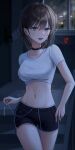  1girl absurdres black_choker black_hair blue_eyes blurry bokeh choker crop_top depth_of_field earrings highres hoop_earrings jewelry looking_at_viewer midriff mole mole_under_eye myowa navel open_mouth original shirt short_hair smile solo stomach white_shirt 