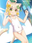  1girl :q ahoge animal_ear_fluff animal_ears armpits arms_up artist_name beach blonde_hair bow cat_ears cat_girl cat_tail cloud covered_navel food green_eyes hair_bow hair_ornament hairclip hazakura_hinata highres looking_at_viewer ocean old_school_swimsuit one-piece_swimsuit original popsicle ribbon school_swimsuit short_hair sky smile solo swimsuit tail thighs tongue tongue_out tree v white_one-piece_swimsuit 