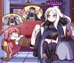  2girls aru_(blue_archive) black_gloves blue_archive blush bound bound_torso coat coat_on_shoulders commission couch curled_horns demon_horns fur-trimmed_coat fur_trim gloves grey_hair halo hina_(blue_archive) horns imagining indoors kidnapped korean_commentary looking_at_another lying multiple_girls on_couch panties pantyshot pencil_skirt pink_hair pixiv_commission rope shasa2456 side_slit skirt tears thought_bubble turn_pale underwear white_panties 