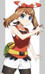  1girl absurdres bare_arms bike_shorts bike_shorts_under_shorts blue_eyes bow_hairband brown_hair closed_mouth commentary_request eyelashes fanny_pack hairband hand_up highres holding holding_poke_ball may_(pokemon) poke_ball poke_ball_(basic) pokemon pokemon_(game) pokemon_oras shirt shorts sleeveless sleeveless_shirt solo white_shorts yellow_bag yuihico 