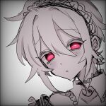  1boy aida_yuuya androgynous blush collared_shirt crossdressing greyscale headband highres looking_at_viewer maid maid_headdress male_focus monochrome natsumoriii okami_game_(werewolf) open_mouth parted_lips pink_eyes shirt short_hair sketch solo white_background 