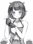  1girl :3 :d =_= absurdres apron bare_arms bare_shoulders blunt_bangs blush collarbone fang gloves greyscale hair_ornament hairclip heart highres hololive hololive_english mole mole_under_eye monochrome nanashi_(nlo) ninomae_ina&#039;nis pastry_bag pointy_ears short_hair simple_background smile takodachi_(ninomae_ina&#039;nis) virtual_youtuber whipped_cream 