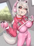  1girl alice_(nikke) alice_(nikke)_(cosplay) animal_ear_headphones animal_ears blurry blurry_background bodysuit breasts bush collar commentary cosplay covered_navel cowboy_shot cropped_jacket explosive fake_animal_ears glint goddess_of_victory:_nikke grenade grenade_pin grenade_pin_in_mouth grey_hair hair_between_eyes headphones highres holding holding_grenade inubashiri_momiji large_breasts latex latex_bodysuit long_sleeves looking_at_viewer lyoung0j making-of_available mouth_hold pink_bodysuit pink_headphones red_eyes short_hair skin_tight solo standing strap_pull tail teeth teeth_hold touhou tree wolf_girl wolf_tail 