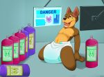  absurd_res anthro canid canine canis chase_(paw_patrol) diaper domestic_dog german_shepherd herding_dog hi_res hypnosis laughing_gas male mammal mind_control multicolored_body nipples open_mouth pastoral_dog paw_patrol psycheapple screen simple_background solo submissive submissive_male two_tone_body 