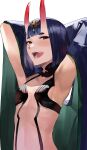  1girl arm_up armpits arms_behind_head blazpu blunt_bangs blush breasts fangs fate/grand_order fate_(series) hair_ornament highres horns looking_at_viewer oni oni_horns purple_eyes purple_hair short_eyebrows shuten_douji_(fate) skin-covered_horns small_breasts smile solo 