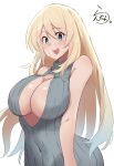 1girl alternate_costume artist_logo artist_name atago_(kancolle) blonde_hair blue_eyes breasts cleavage cleavage_cutout clothing_cutout dress grey_dress highres kantai_collection lanthan large_breasts long_hair looking_at_viewer one-hour_drawing_challenge open_mouth ribbed_dress ribbed_sweater simple_background smile solo sweater sweater_dress teeth upper_teeth_only white_background 