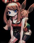  1girl artist_name bare_arms bike_shorts bike_shorts_under_shorts black_background blue_eyes blurry blush blush_visible_through_hair bow_hairband breasts brown_hair cleavage closed_mouth collarbone commentary cowboy_shot eevee fanny_pack green_bag hairband hands_on_own_leg leaning_forward looking_at_viewer makaroll may_(pokemon) pokemon pokemon_(creature) pokemon_(game) pokemon_on_back pokemon_oras red_hairband red_ribbon red_shirt ribbon shirt short_hair short_hair_with_long_locks short_shorts short_sleeves shorts simple_background smile solo split_mouth striped striped_ribbon swept_bangs white_shorts 