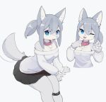  4_fingers :3 anthro bare_shoulders blue_eyes blush blush_lines bottomwear braless breasts canid canine canis claws cleavage clothed clothing collar cute_fangs female fingers flirting flirting_with_viewer fluffy fluffy_tail fur glistening glistening_hair grey_body grey_fur grey_hair hair handpaw hi_res inner_ear_fluff knee_brace lighty!! mammal medium_breasts one_eye_closed paws pear-shaped_figure silver_hair simple_background sitting skirt smile solo sweater tail tail_motion tailwag topwear tuft white_background wide_hips wink wolf 