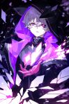  1boy absurdres add_(elsword) black_background black_jacket black_sclera colored_sclera elsword gloves heterochromia highres hood hood_up jacket male_focus multicolored_background narugrm parted_lips pink_eyes pink_gloves purple_background purple_eyes solo teeth 