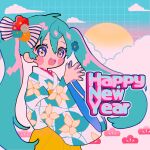  1girl aqua_eyes aqua_hair blue_eyes blue_hair blue_nails blush bow floral_print flower hair_between_eyes hair_bow hair_flower hair_ornament happy_new_year hatsune_miku highres japanese_clothes kimono long_hair looking_at_viewer open_mouth own_hands_together smile solo striped striped_bow sugarmonaka twintails very_long_hair vocaloid white_bow 