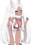  1girl animal_ear_fluff animal_ears bare_legs bare_shoulders blue_eyes blush breasts cleavage commentary dark-skinned_female dark_skin fang forehead fox_ears fox_girl hair_ornament highres hikimayu inari-chan_(ransusan) large_breasts long_hair looking_at_viewer original parted_bangs pelvic_curtain ransusan short_eyebrows sidelocks simple_background solo standing thick_eyebrows twintails very_long_hair white_background white_hair wide_sleeves 