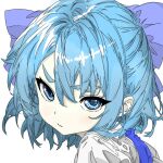  1girl angry blue_bow blue_dress blue_eyes blue_hair bow cirno colored_skin dress fairy frozen hair_bow ice looking_at_viewer looking_to_the_side messy_hair pale_skin pi_t_w_o shirt solo_focus tomboy touhou white_shirt white_skin 