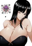  1girl absurdres bare_shoulders black_hair blue_eyes blunt_bangs breasts cleavage commentary_request corset extra_hands eyewear_on_headwear flower hair_between_eyes head_tilt highres huge_breasts jolly_roger large_breasts lips long_hair nico_robin one_eye_closed one_piece open_hands smile tomo0843 upper_body 