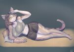  absurd_res anawat anthro big_breasts bottomwear breasts clothing domestic_cat felid feline felis female hi_res laying_on_ground looking_at_viewer mammal mattress midriff pillow shorts solo tight_clothing yellow_eyes 