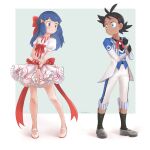  1boy 1girl black_gloves black_hair blue_eyes blue_hair bow bowtie commentary commission dawn_(pokemon) dress frilled_dress frills gloves goh_(pokemon) highres julian0223 pokemon pokemon_(anime) pokemon_(game) pokemon_bdsp pokemon_journeys red_bow red_bowtie red_ribbon ribbon 