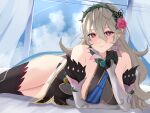  1girl absurdres bare_shoulders bed_sheet breasts cape corrin_(female)_(resplendent)_(fire_emblem) corrin_(fire_emblem) dress elbow_gloves fire_emblem fire_emblem_fates fire_emblem_heroes gloves hair_ornament hairband highres long_hair looking_at_viewer lying medium_breasts official_alternate_costume on_bed on_side panty_straps peli_cantaro pointy_ears red_eyes see-through sleeveless sleeveless_dress smile solo thighhighs thighs thorns white_hair 