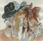  2girls blonde_hair bow braid breasts brown_hair closed_eyes commentary_request cowboy_shot detached_sleeves french_kiss from_side hair_bow hair_tubes hakurei_reimu hat highres kirisame_marisa kiss long_hair long_sleeves medium_breasts multiple_girls open_clothes open_shirt painting_(medium) profile red_bow sarashi simple_background small_breasts touhou traditional_media very_long_hair watercolor_(medium) white_background wide_sleeves witch_hat yuri yuuren_kyouko 