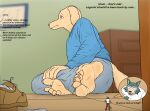  2023 5_fingers 5_toes anthro barefoot beastars bird_dog blurred_background bottomwear brown_eyes canid canine canis clothing digital_drawing_(artwork) digital_media_(artwork) domestic_dog duo english_text extreme_size_difference feet fingers footwear hand_on_leg hi_res humanoid_feet hunting_dog inside jack_(beastars) labrador larger_anthro larger_male legoshi_(beastars) macro male mammal micro pants plantigrade retriever shirt shoes shrinking signature size_difference size_transformation smaller_anthro smaller_male smellslikejavier socks tail text toes topwear transformation unaware wolf 