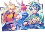  ... 3boys all_might animal_ears bakugou_katsuki black_hakama blonde_hair blue_eyes blue_kimono blue_scarf boku_no_hero_academia branch burn_scar closed_mouth commentary_request egasumi facepaint facial_mark flower freckles gradient_background green_eyes green_hair green_kimono grey_eyes grey_hakama grin hagoita hair_between_eyes hakama hand_up hands_up hane_(hanetsuki) hanetsuki heterochromia highres holding holding_paddle holding_rabbit japanese_clothes kimono long_sleeves looking_at_viewer male_focus mecyo_(mamezurushiki) midoriya_izuku multicolored_hair multiple_boys notice_lines orange_kimono paddle parted_lips rabbit rabbit_boy rabbit_ears red_eyes red_hair scar scar_on_face scarf short_hair smile speech_bubble spiked_hair split-color_hair spoken_ellipsis tasuki teeth todoroki_shouto translation_request two-tone_hair v-shaped_eyebrows whisker_markings white_background white_flower white_hair wide_sleeves 