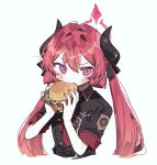  1girl black_horns black_ribbon black_shirt blue_archive blush burger dbffnj9yodnccnd eating food food_in_mouth hair_between_eyes hair_ribbon halo holding holding_food horns junko_(blue_archive) long_hair looking_at_viewer necktie pink_eyes pointy_ears red_eyes red_hair red_necktie ribbon shirt short_sleeves simple_background solo twintails upper_body white_background 